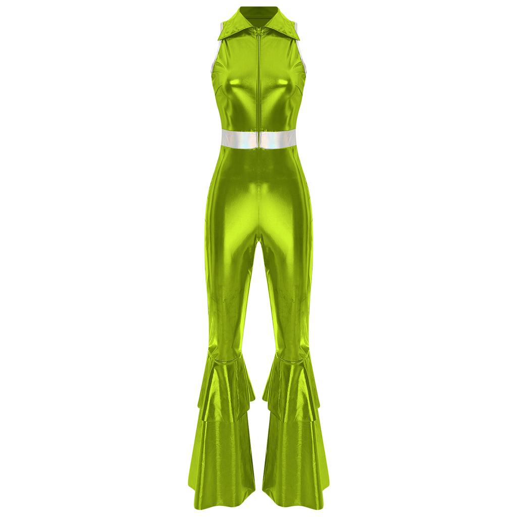 Women Shiny Metallic 70s Disco Costume Lapel Collar Sleeveless High Waist Flared Jumpsuit Disco Dance Outfit