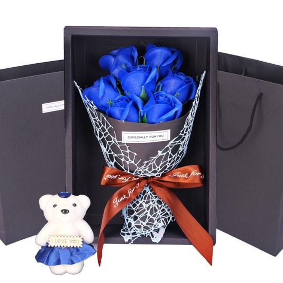 Valentine's Day Flower Bouquet with Bear And Gift Box 7 Scented Soap Flowers Artificial Rose Carnation Bouquet for