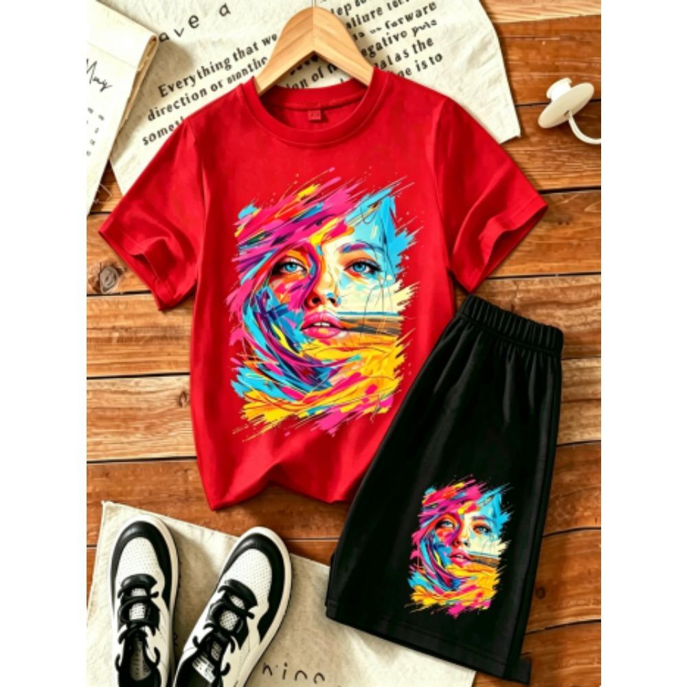 Women's Graffiti Printed Outdoor Street 15 Colors Women's T-shirt and Shorts 2 Piece Set Summer Home Casual Outfit Men's and Women's Sports Set