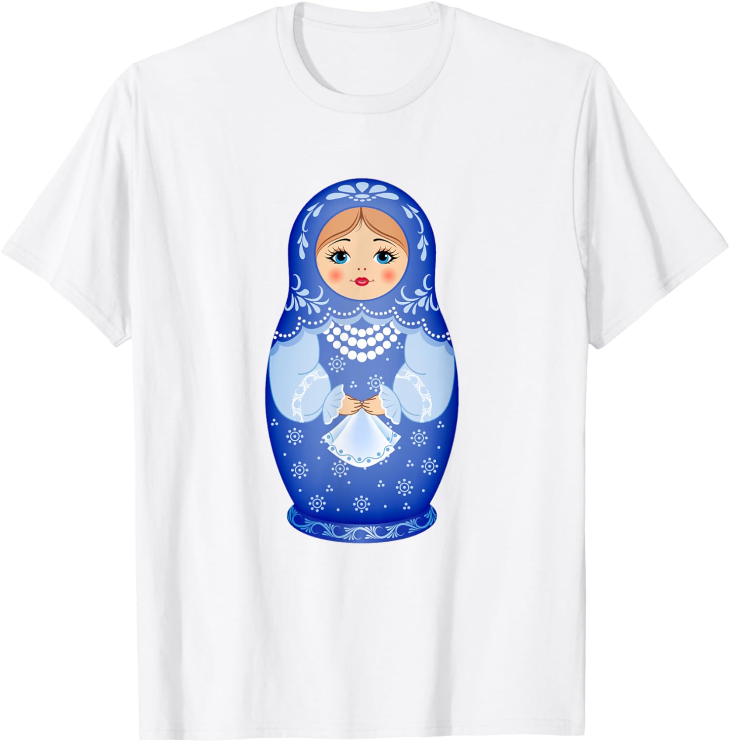 Blue Matryoshka Russian Nesting Doll Graphic Print Short Sleeve Cotton T-Shirt Casual Trip Wear S