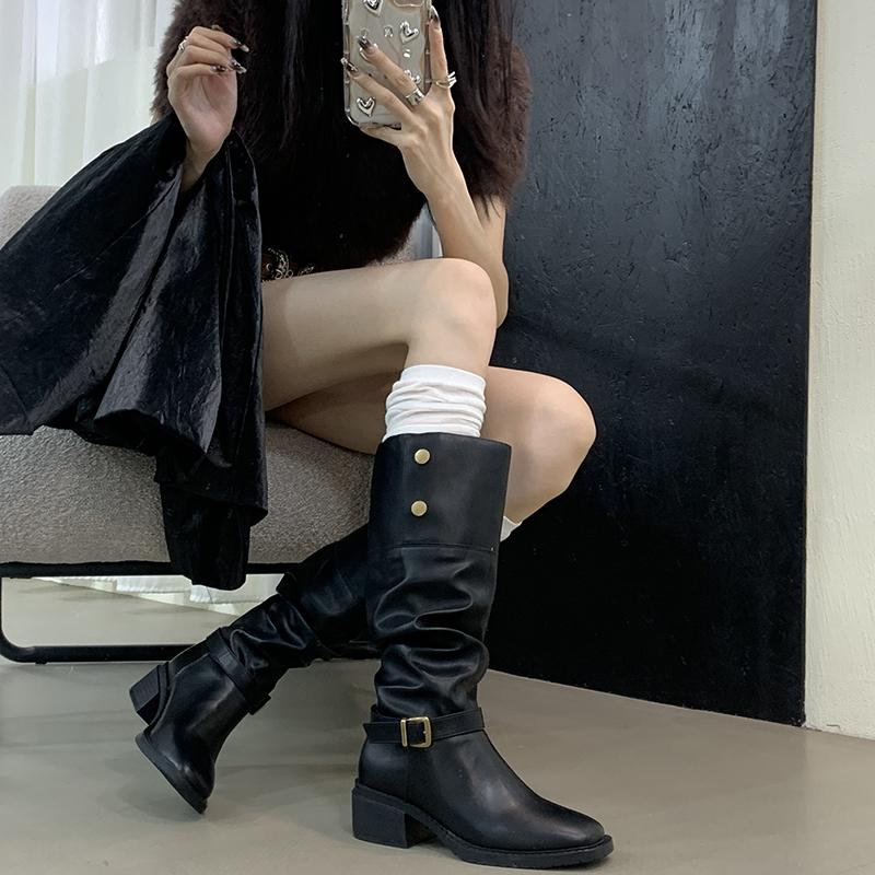 Fashion Vintage Thick Heel Pleated Women Knee High Boots Outdoor Non Slip Shoes Autumn Winter Ladies Knight Long Booties