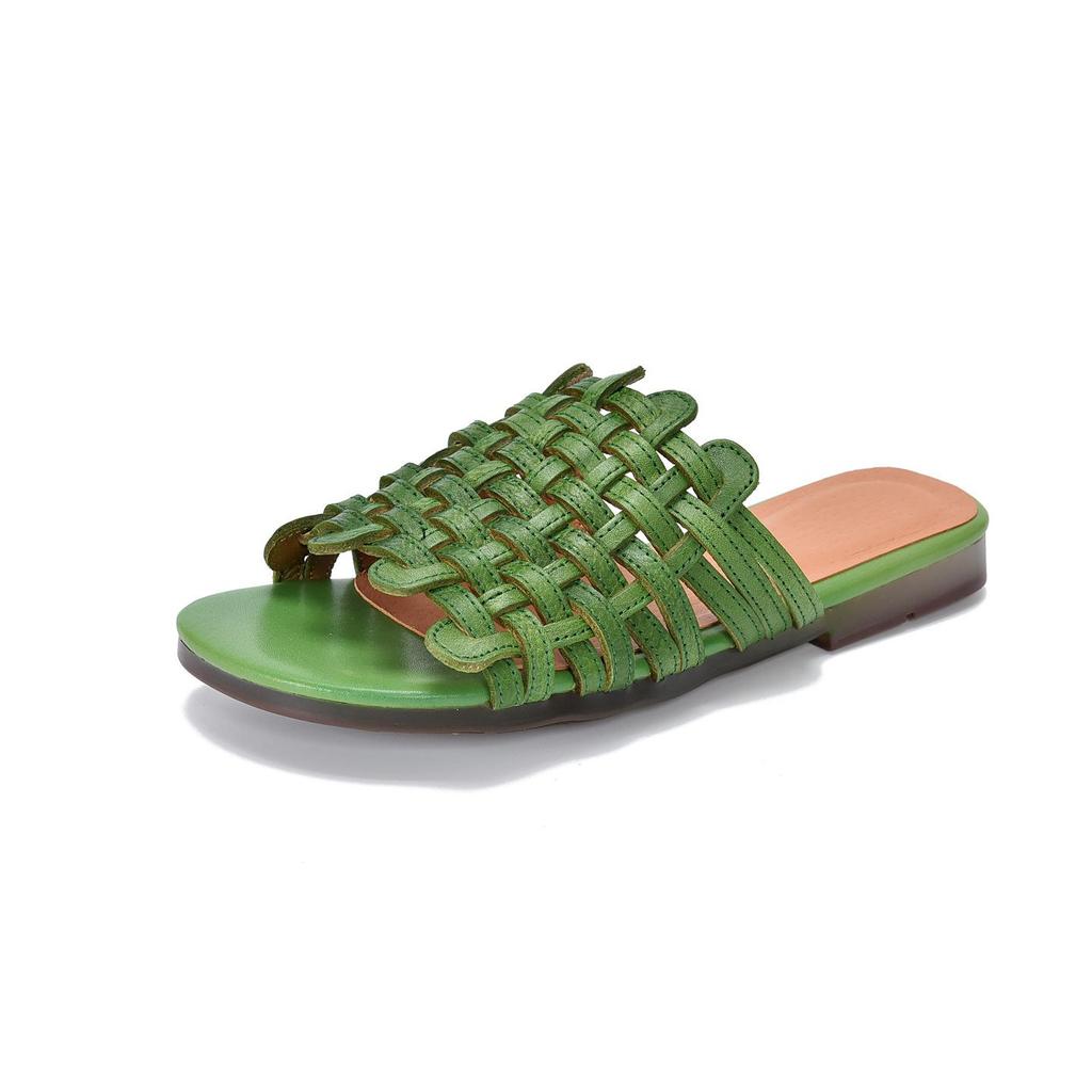 Johnature Chaussons Plats d'Extérieur en Cuir Véritable Tissés à la Main Chaussures Slip-on Décontractées Polyvalentes pour Femmes