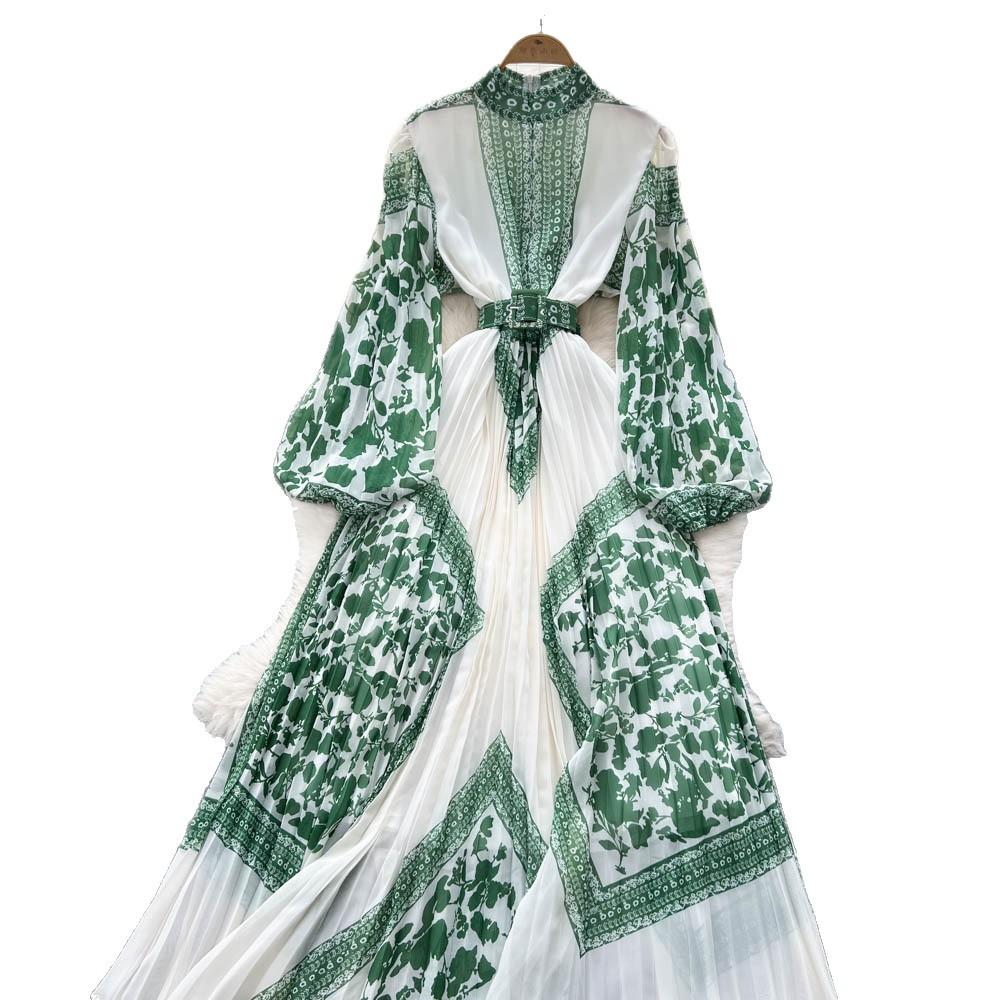High-end temperament dress women's new French strap waist lantern sleeve positioning printing pleated long skirt
