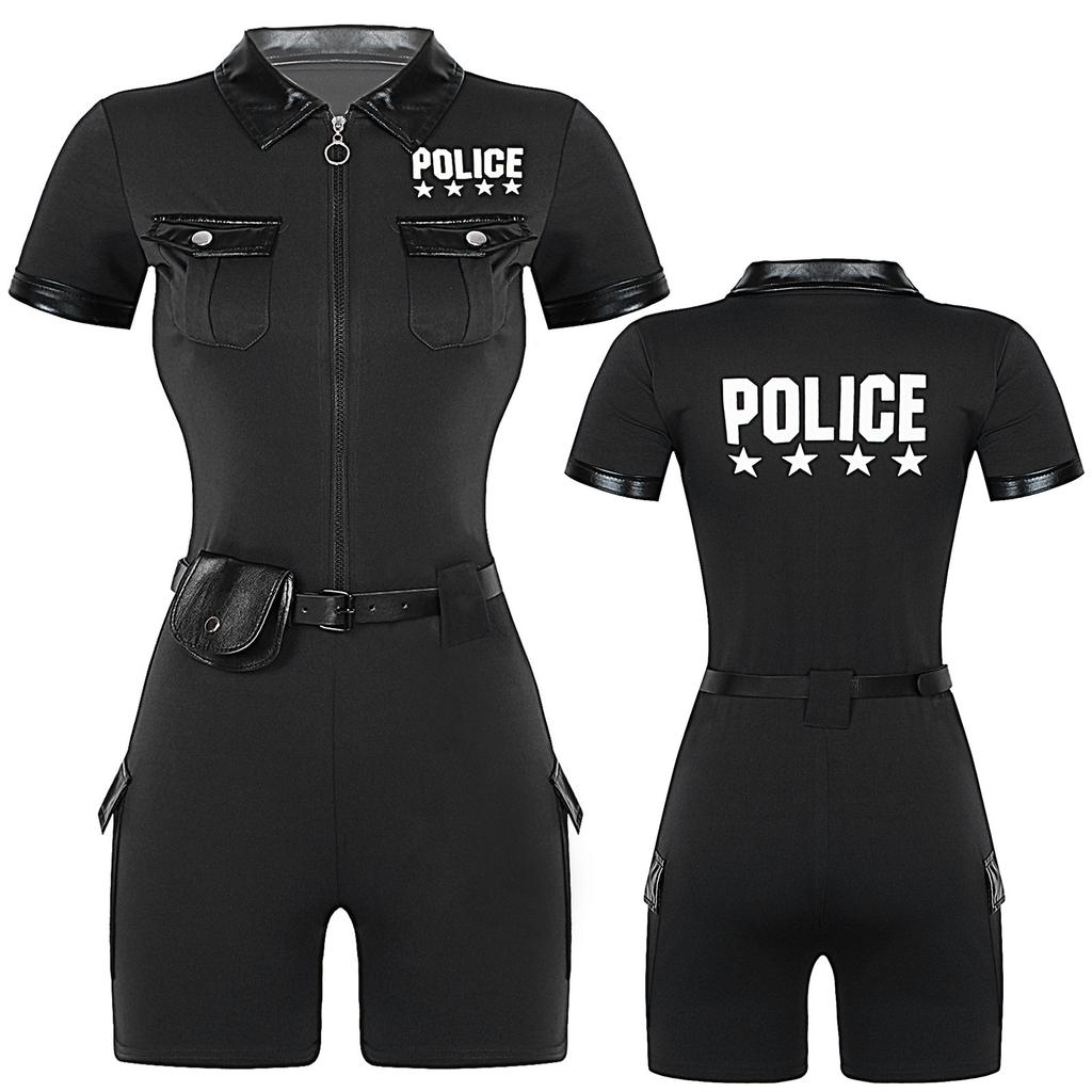 Womens Police Costume Jumpsuit with Front Zipper and Belted Waist for Role Play or Dress Up Parties