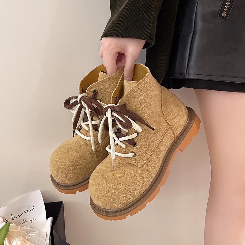 Big Round Toe Low Heel Single Shoes Autumn New Lace-Up Front Suede Anti-Slip Wear-Resistant Shoes