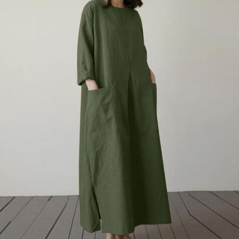 Maxi Abito da Donna in Cotone e Lino Manica Lunga Scollo Rotondo Vestibilità Ampia Tasche Grandi Spacco Laterale Casual Elegante Primavera Estate Vacanza Uso Quotidiano Abito da Sole
