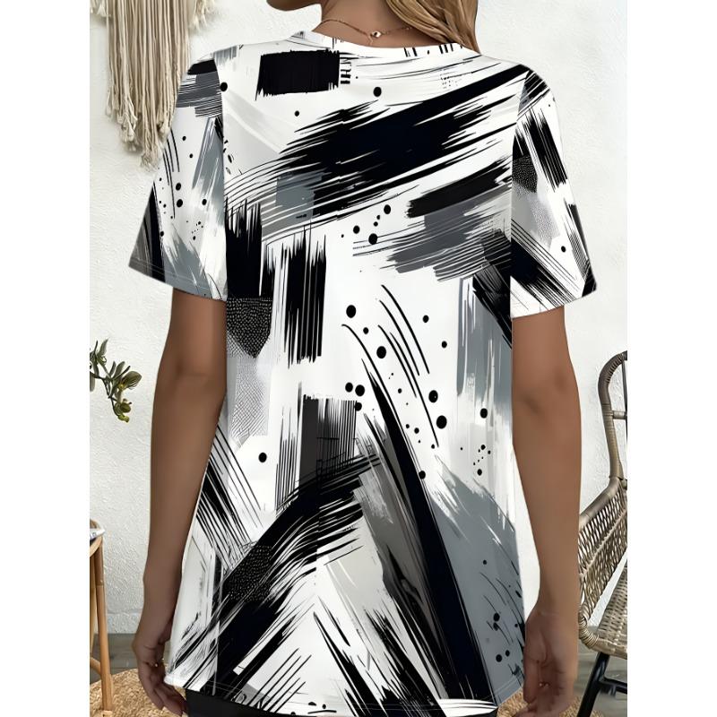 Women's Short Sleeve T-Shirt Abstract Brushstroke Print Round Neck Compatible Top