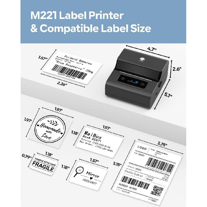 Phomemo M221 Label Maker, New Upgraded 3 Inch Bluetooth Thermal, Easier & More Stable, for Product, Address, Barcode, Small Business, Portable Label