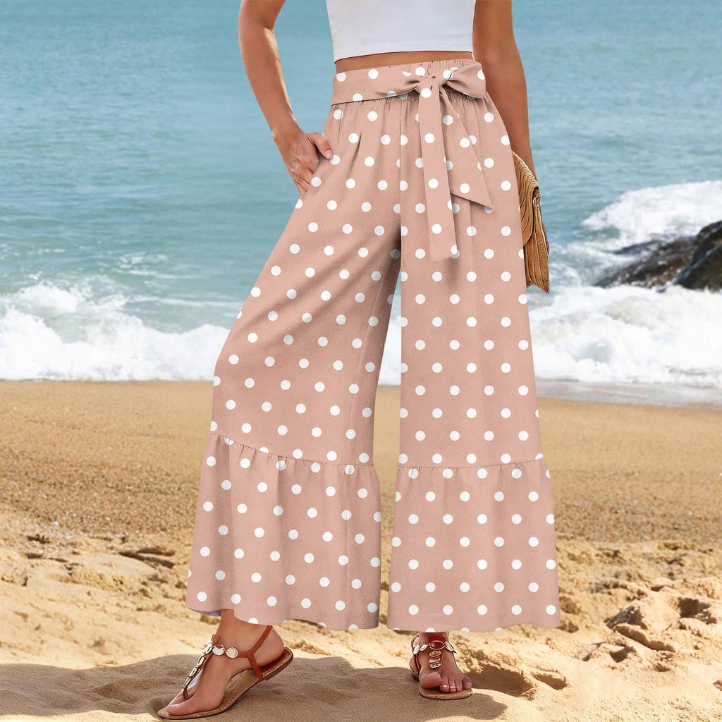 Damen Freizeithose mit weitem Bein, Stretch, Hoher Bund, Gerüschter Saum, Weite Beine, Mit Gürtel und Taschen