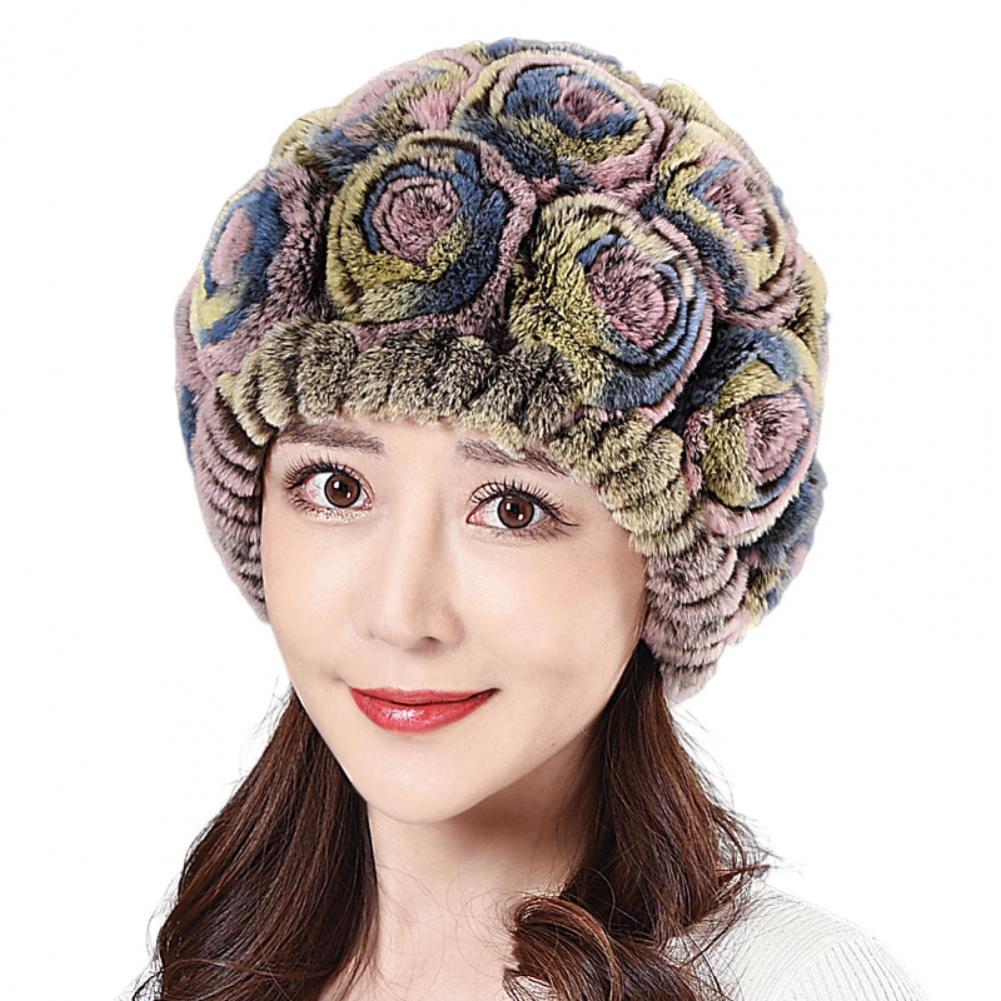 

Женская зимняя шапка со встроенным шарфом, толстая, теплая, из искусственного меха кролика Рекс, с цветочным декором, ветрозащитная, для путешествий и холода One Size розовый