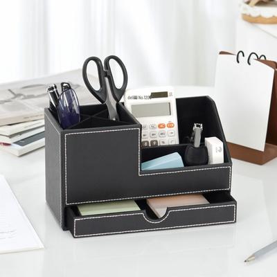 Luxury Leather Desk Organizer: Multifunctional Pen Holder & Storage Box with Drawer & Custom Logo