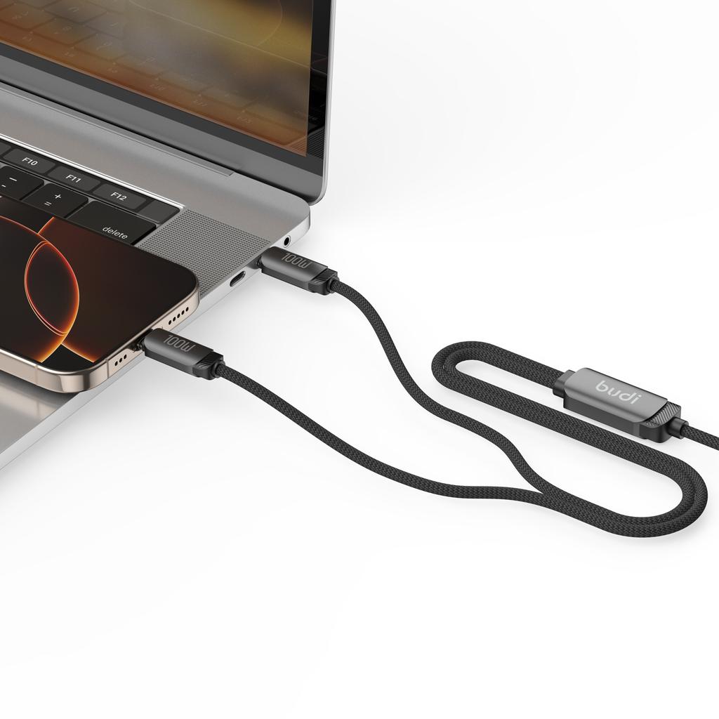 BUDI DC266TTT12B 1.2m PD 100W 2 in 1 USB C to USB C Fast Charging Data Braided Cable