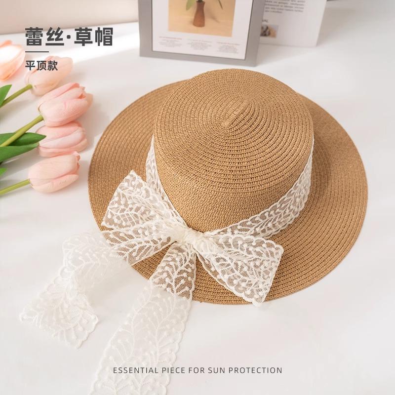 Lace Bow Straw Hat Women's Summer French Large Brim Sunscreen Hat Seaside Beach Vacation Sun Hat