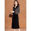 Ke Bei Er Faux Mink Patchwork Color-Block Scarf Collar A-Line Dress