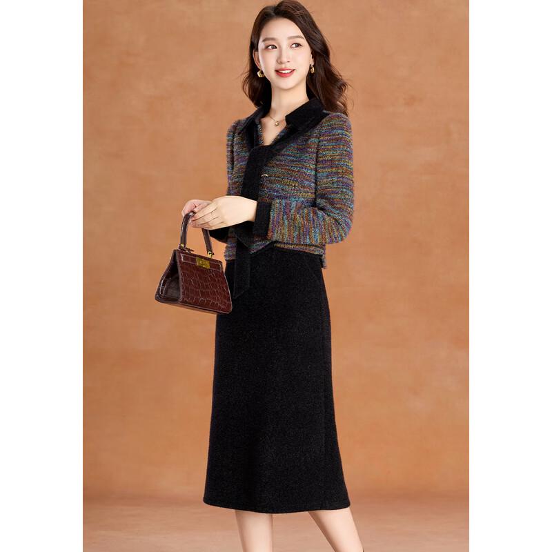 Ke Bei Er Faux Mink Patchwork Color-Block Scarf Collar A-Line Dress