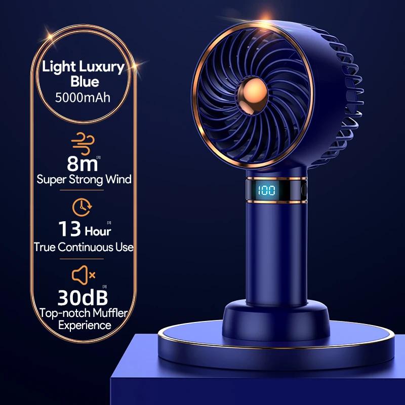 5000mAh Handheld Fans Portable Electric USB Fan LED Power Display Office Desktop Fan Indoor Outdoor Mini Fan Summer with Base