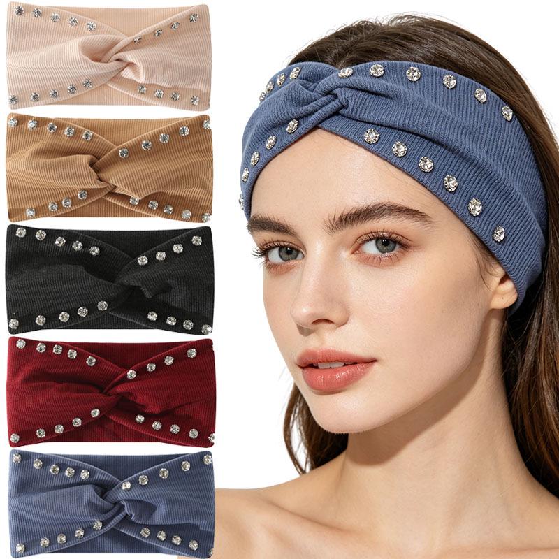 Versatile Rhinestone Elastic Headband for Face Washing & Sports - Simple, Solid Color, Sweat-Absorbing Fabric