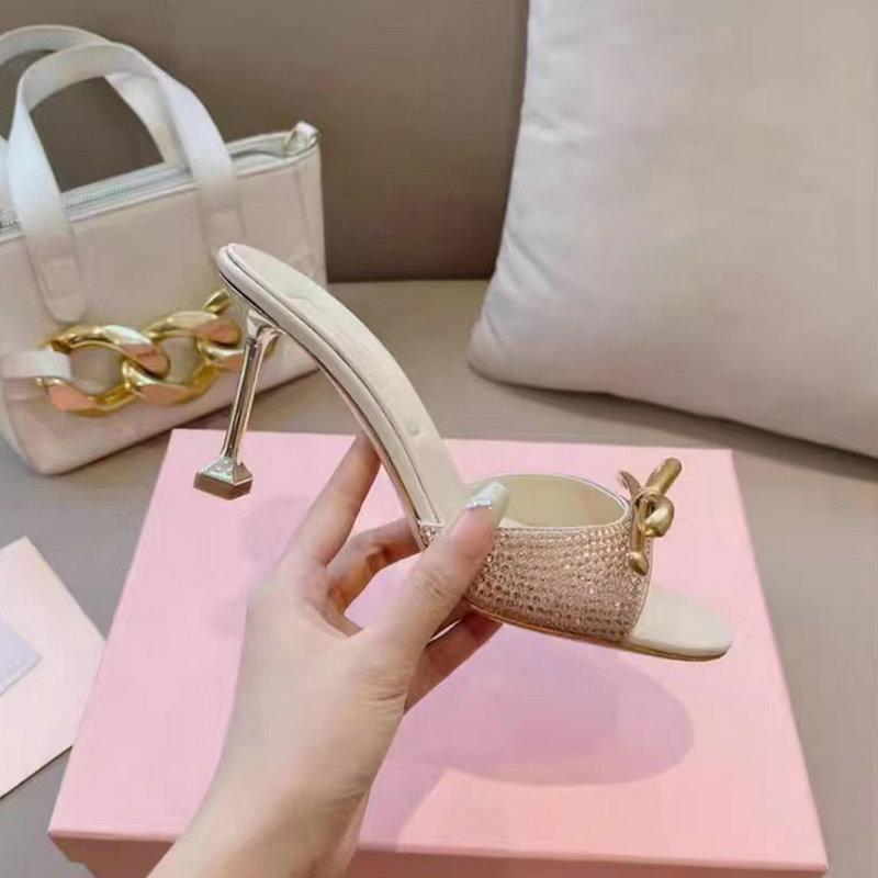 Fashion 2025 New Bow-Tie High-Heeled Slippers Wear Sweet Fairy Glass Shoes Thin Heel One-Line Sandal Rhinestone Princess