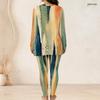 Women Plus Size Printed Dark Blue Round Neck Long Sleeve Longline Top And Fitted Pants Two Piece Set