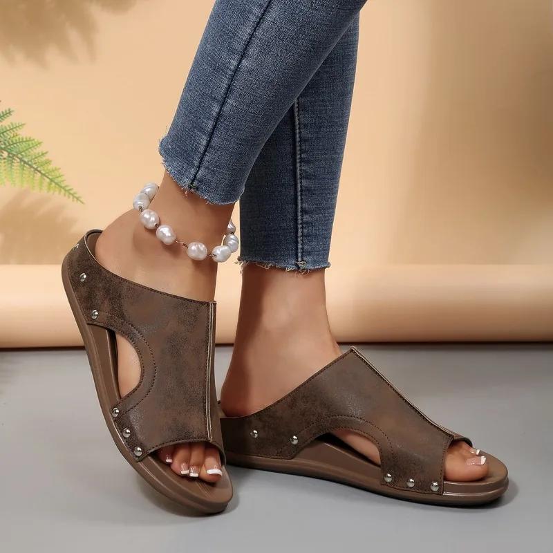 2025 Summer Open Toe Women's Slippers Casual New Plus Size Rivet Best Seller Comfortable High Quality Wedge Slippers