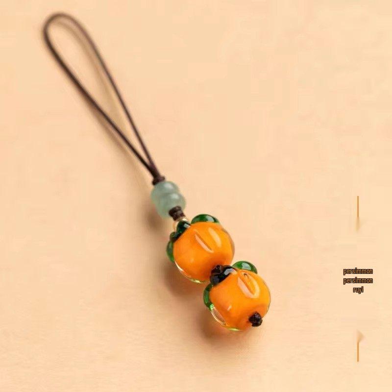 

Glazed Persimmon Phone Lanyard: Retro Chinese Style with Success Keyring & Yuhua Stone