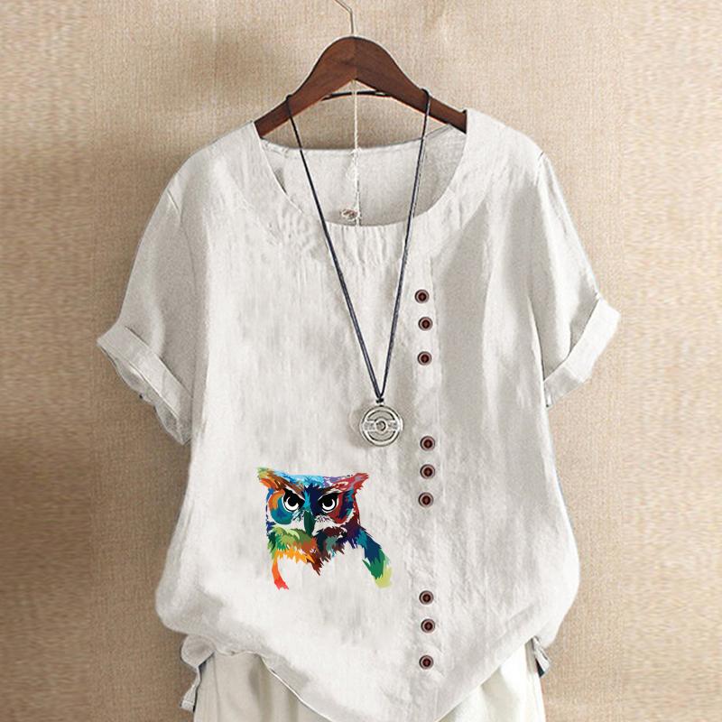 Women's Fashion Round Neck Short Sleeve T-shirt Casual Cotton Linen Graphic Shirt Leisure Owl Prined Summer Blouse Tops
