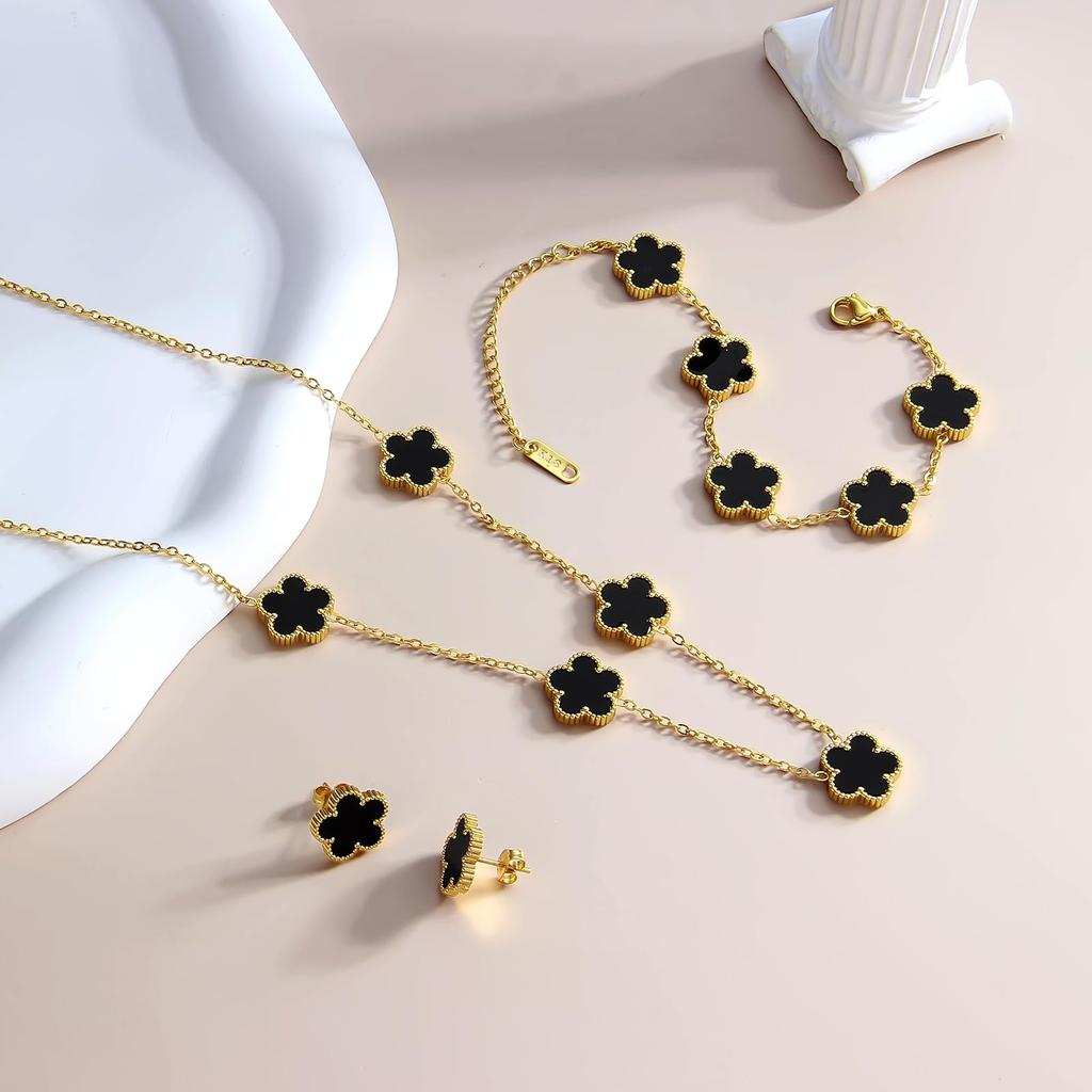 Smyckesset med lyckoklöver - 18K guldpläterad blomdesign Armband med fem blad, Halsbandshänge, Örhängen för kvinnor Lyckobringande gåvor