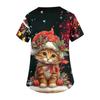 Women's Cute Bow Printed Work Clothes V-neck Double Layer Pockets Basic Short Sleeve Top Pullover