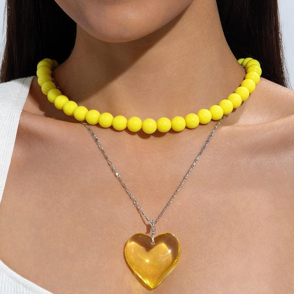 Adjustable Heart-shaped Pendant Necklace Metal Acrylic Round Bead Necklace For Women