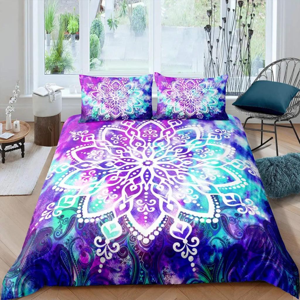 Neon Mandala Duvet Cover Set Full Queen Boho Hippie Bedding Set Ancient Mayan Calendar 3D Print Abstract Comforter Cover 2/3Pcs