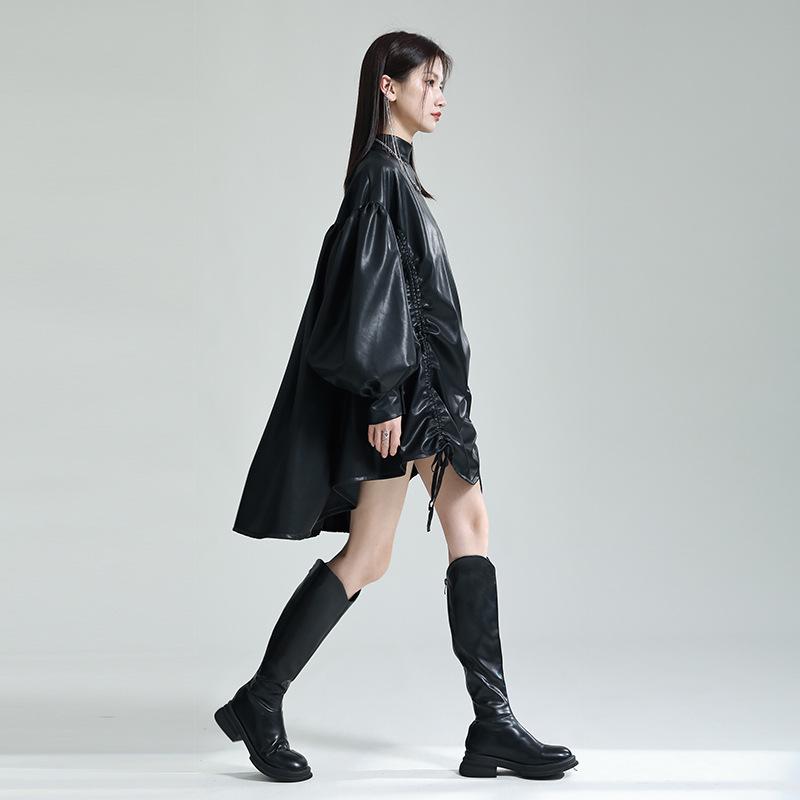Zhongchuang Rizhen Irregular Drawstring Cape Dress with PU Leather Lantern Sleeves and Tutu Skirt
