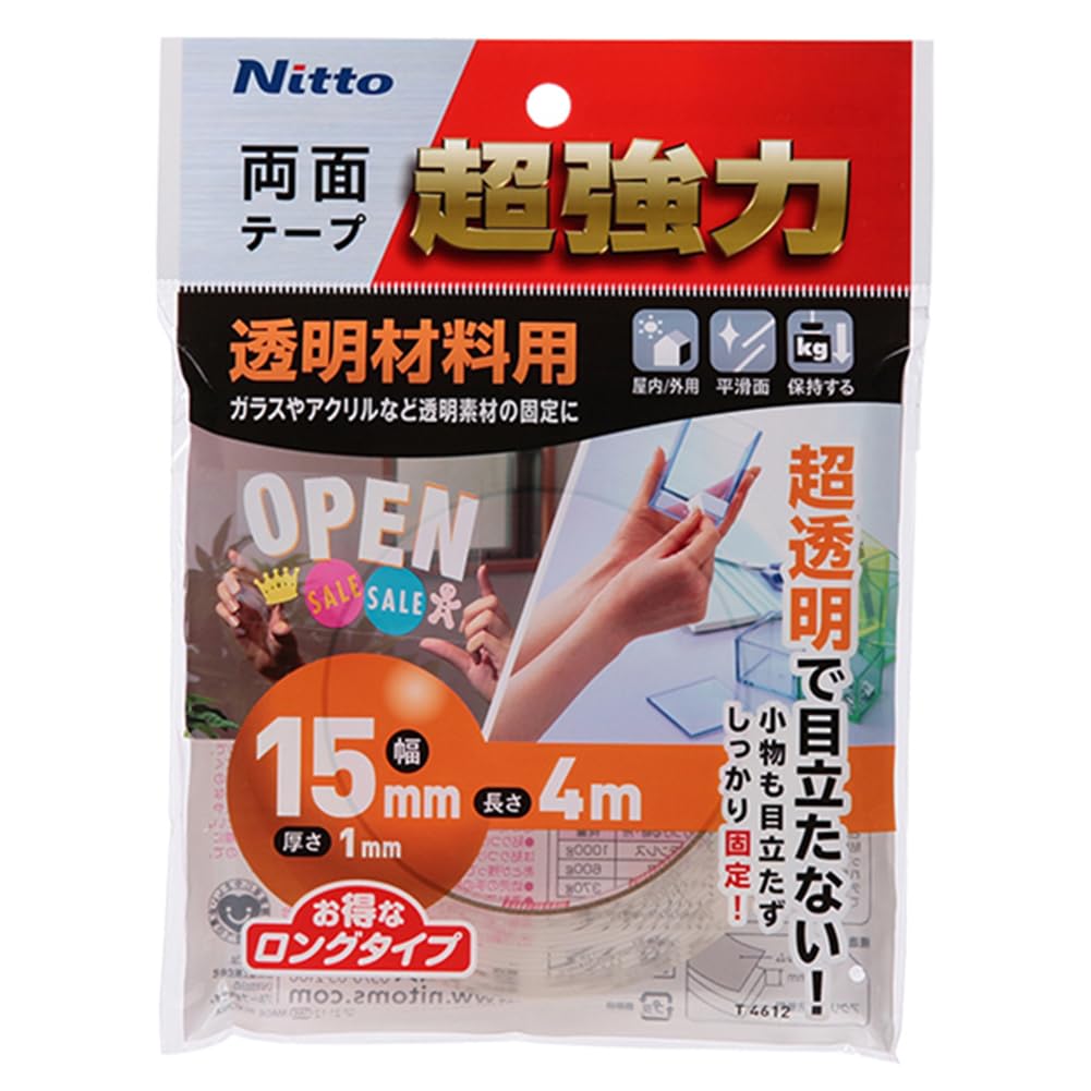 Nitoms Tape for Transparent Materials and Adhesion Inconspicuous 15mm x 4m x Thickness T4612 Ultra-Strong Double-Sided (Glass, Acrylic, etc.) -