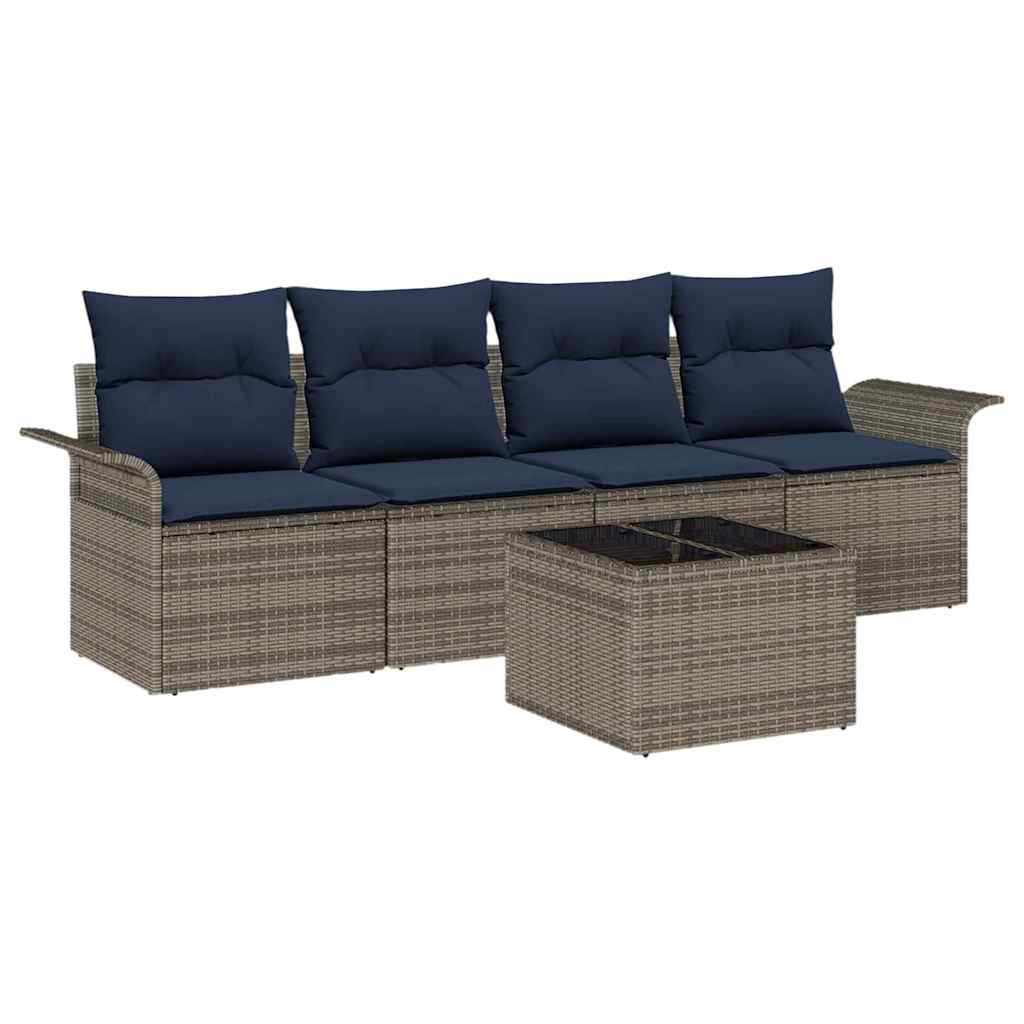 5 Piece Sofa Set with Cushions Grey Poly Rattan