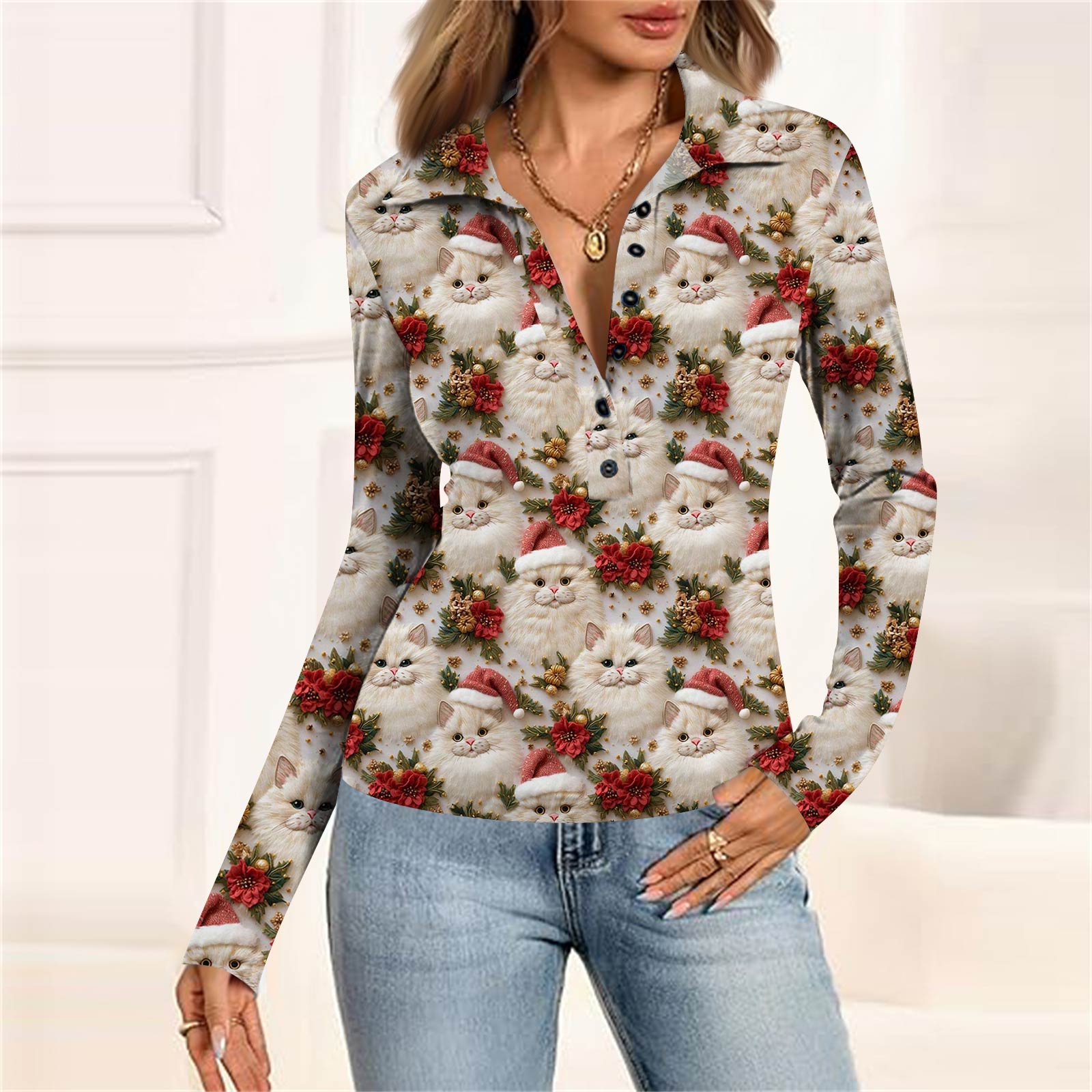 

Женская мода Повседневный принт V-образный вырез Длинный рукав Застегивающаяся на пуговицы блузка M