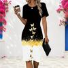 Women Plus Size Round Neck Short Sleeve Printed Fitted Dress Red White Blue Star Firework