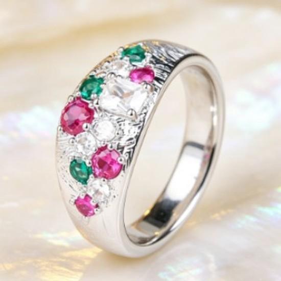 Vintage Textured Gemstone Wide Ring Palace-style Red and Green Zircon Mixed-set Zircon Ring
