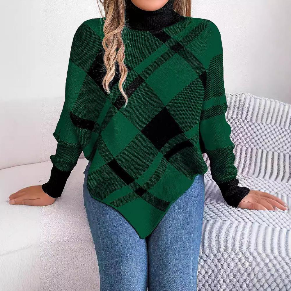 Autumn/Winter Women's Hooded Sweatshirt Casual Colour-Blocked Checked Turtleneck Long-Sleeved Cape Knit Jumper Christmas Ladies' Knitted Top