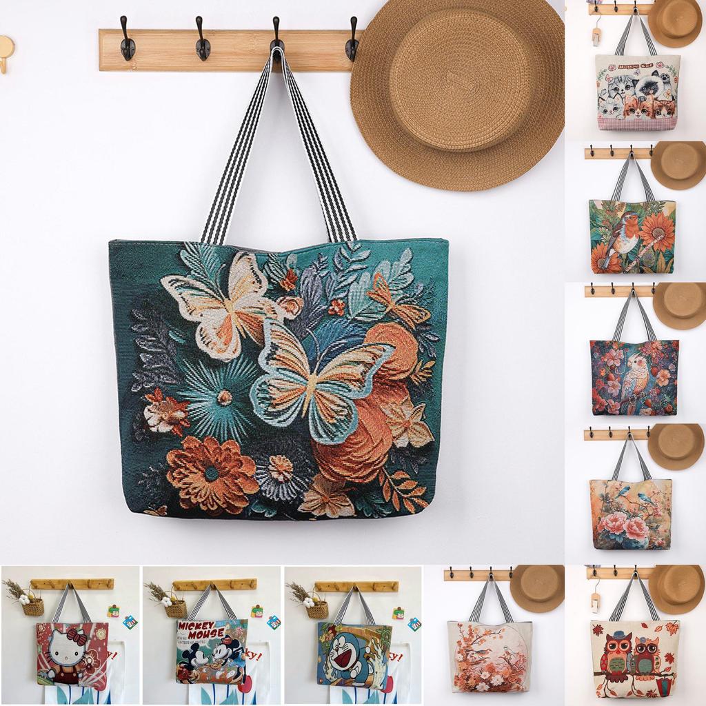 Canvas Butterfly Elephant Cat Tote Bag For Women With Sewn Details For Daily Use