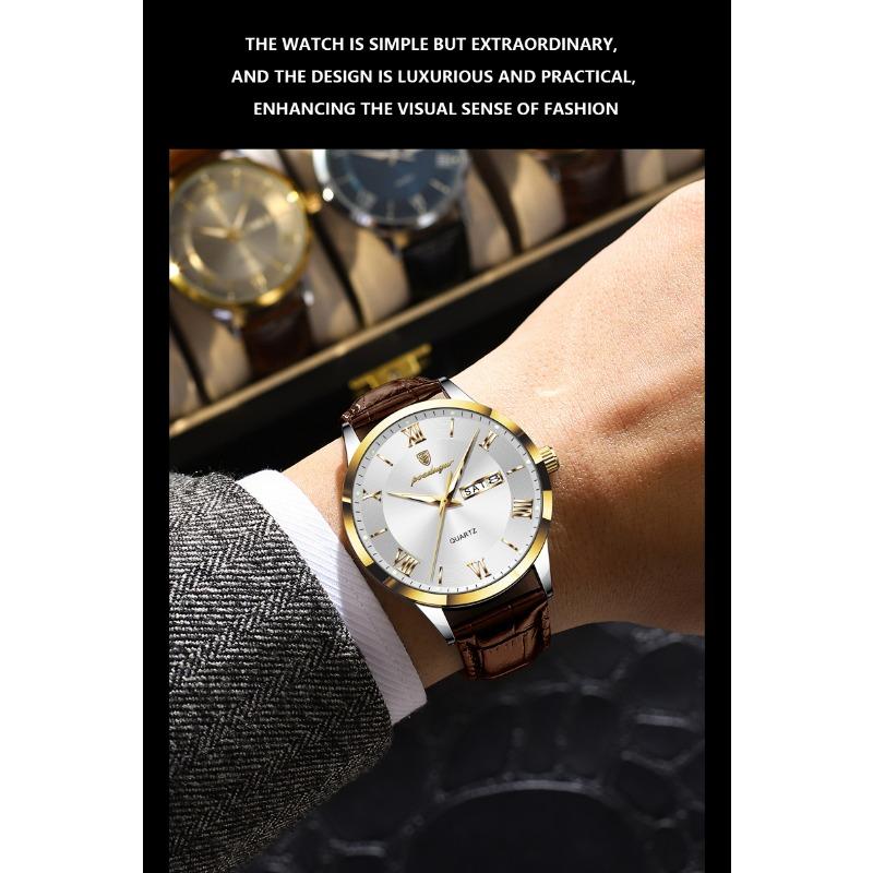 POEDAGAR Luxury Fashion Watch for Man Leather Date Week Casual Quartz Clock Waterproof Luminous Business Watches Reloj