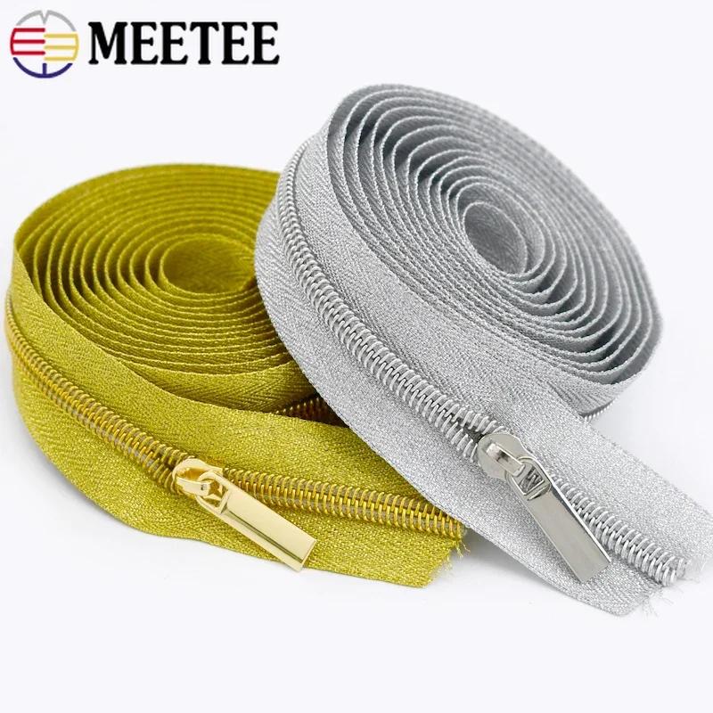 2/3/5M Meetee 3# 5# Gold Sliver Nylon Zipper with Sliders Coil Zips for Handbag Repair Kit Zippers Tape DIY Sewing Accessories