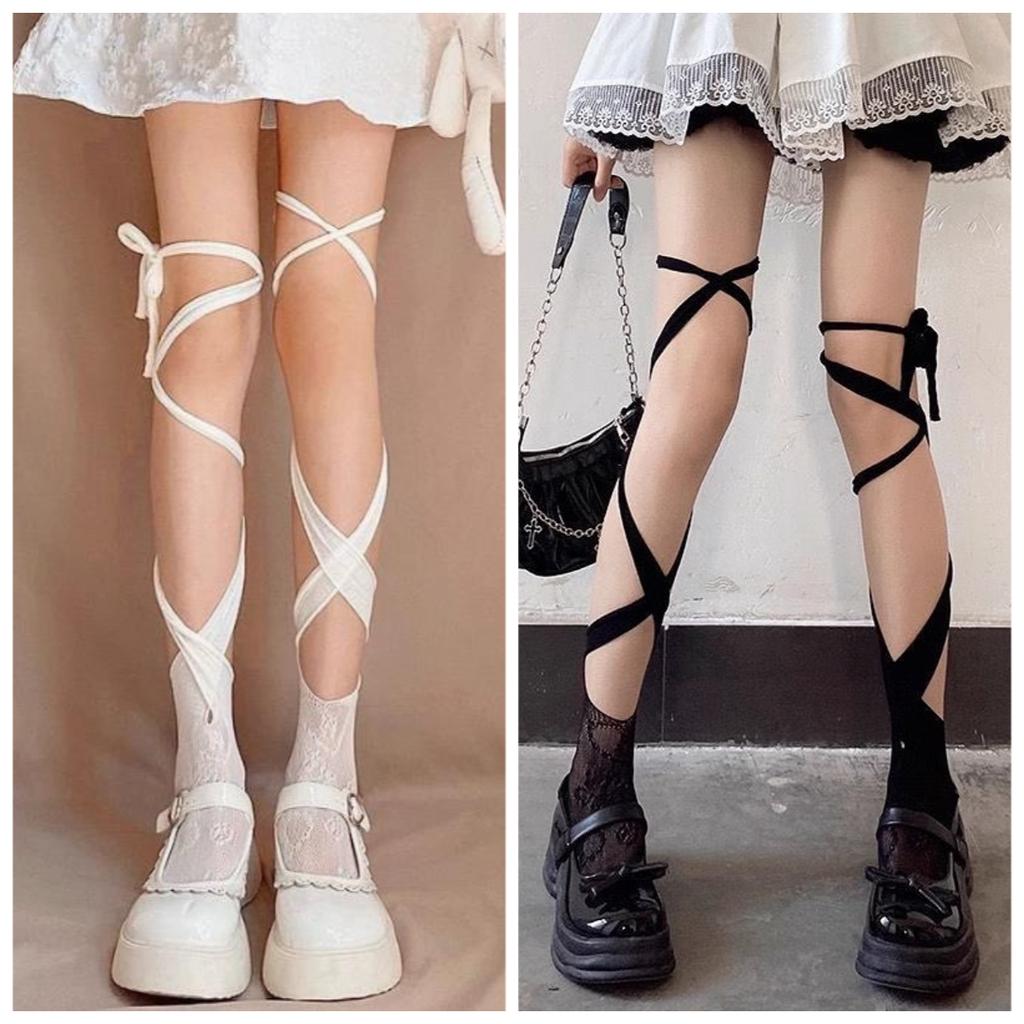 Women Sexy Arbitrarily Bandage Heart Floral Lace Fishnet Stockings Irregular Calf Socks Jk Tie Middle Tube Long Socks 1/2 Pcs