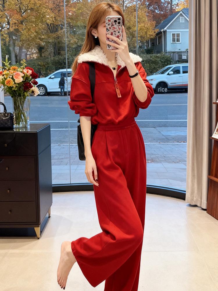 Tuta sportiva casual da donna invernale rossa 2025: Completo due pezzi con felpa spessa in velluto e pantaloni a gamba larga
