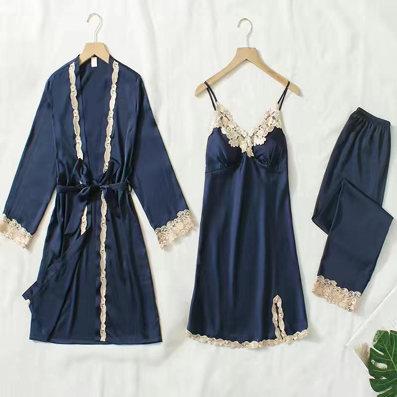 Women's Summer Silk Pajama Set: 5-Piece Long Sleeve, Lace Trim Camisole, Shorts & Pants