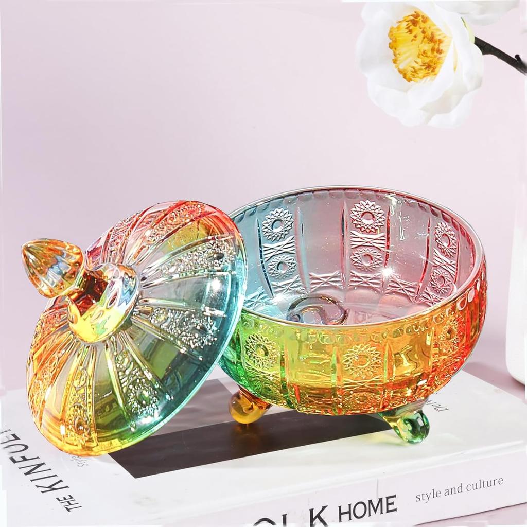Glass Candy Dish with Non-Airtight Lid,Rainbow Candy Jar,Colorful Embossed Vintage Candy Bowl with Lid for Office Desk Coffee Table,Buffet Storage