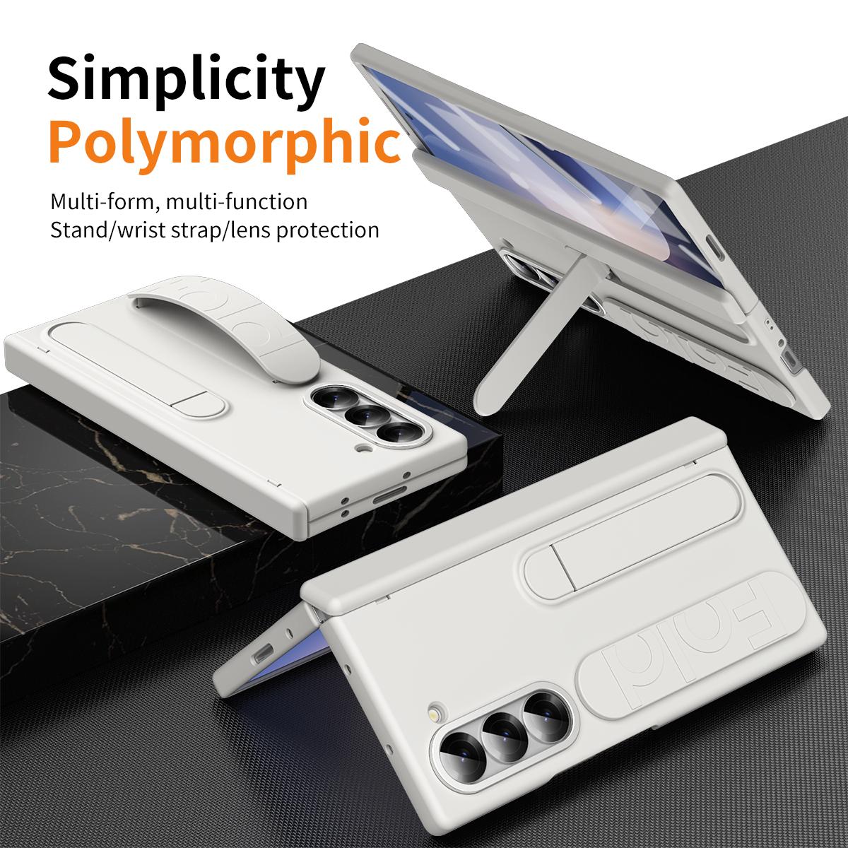 

For Samsung Galaxy Z Fold6 5G Case Kickstand Wristband PC Phone Cover with Tempered Glass Film White