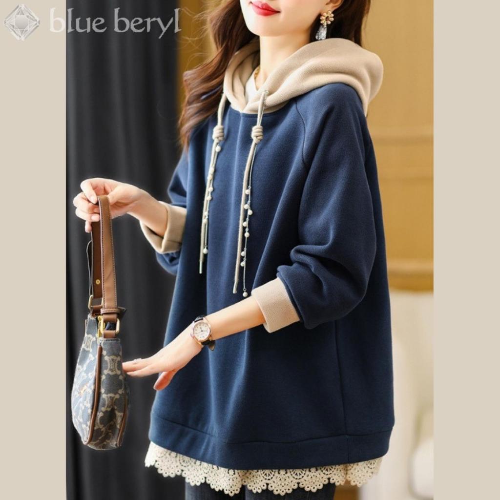Blue Beryl Lace Long Fleece Loose [Limited Stock] Women's Hoodie, Pullover, Hem, Sleeves, Lining, Fit, Blue, BB028-BL-S