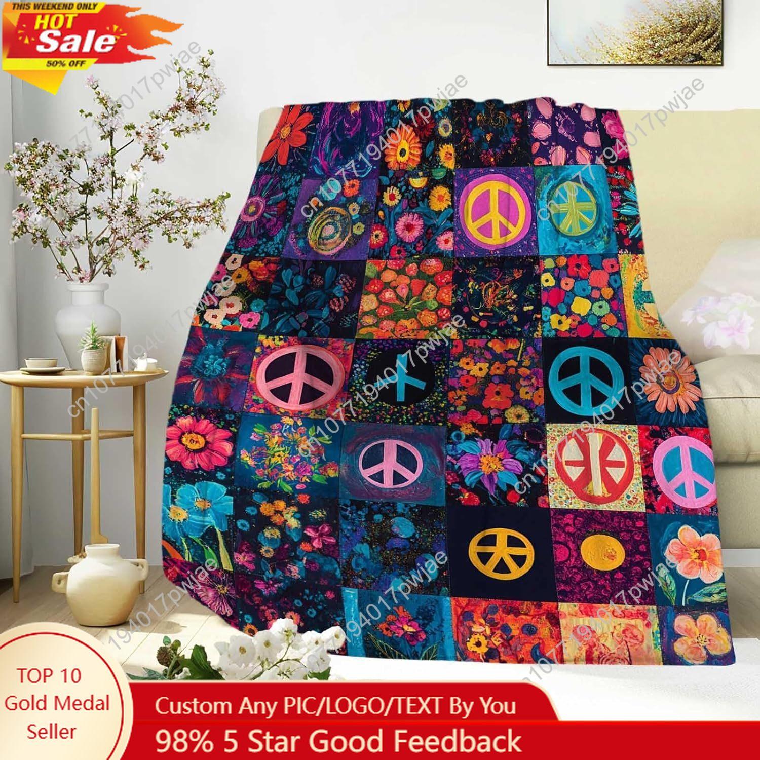 Creative Homewares Unisex Vintage Hippie Peace Symbol Throw Blanket Floral Style Soft And Cozy Fleece Blanket For Men Women Couch Custom Blankets