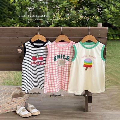 Sommer 2024 Niedliches gestreiftes Cartoon-Ärmelloses Kleid für Mädchen - T-Shirt-Westen-Stil