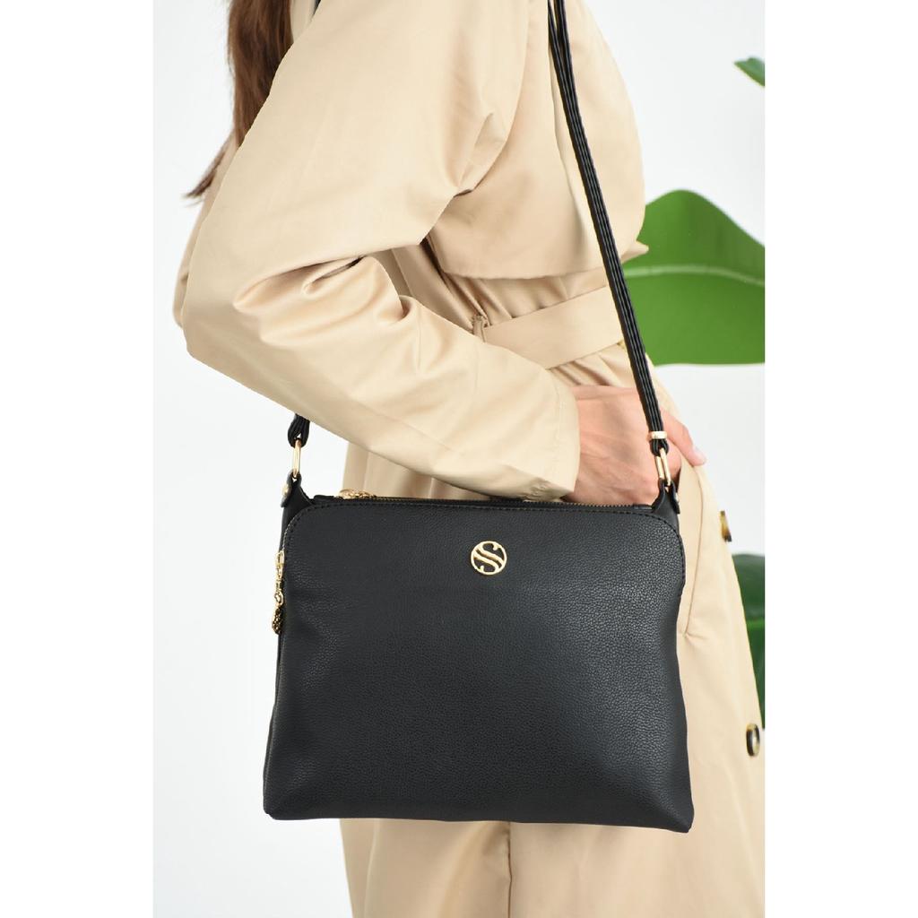 Schwarze Damen-Schultertasche aus weichem Leder mit 4 Fächern, langem Kreuzriemen, mittlerer Größe, nützliche Umhängetasche