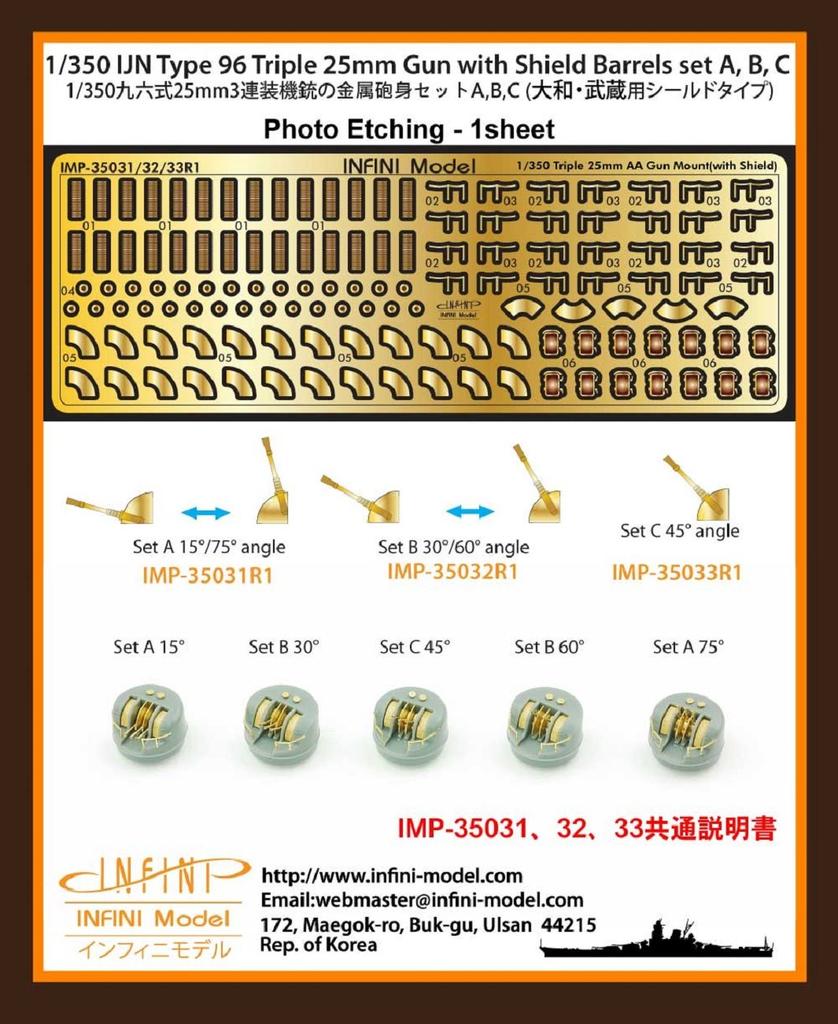 Infini Model IMP Series Japanese Navy Type 96 25mm Triple Machine Gun with Shield Yamato Type A Angle 15 for T Company Ship Etching Parts Plastic